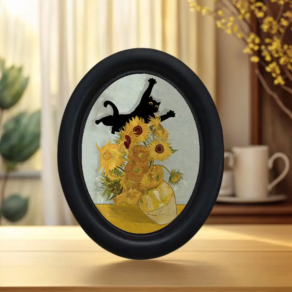 Vintage Art Style Van Gogh Sunflower Cat Pattern Oval Decor, Halloween Christmas Thanksgiving Home Office Wall Decoration, Perfect Room Decor, Decorative Artwork, Aesthetic Wall Decor