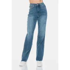 Slim fit high waisted round neck control cut linen straight leg jeans style 88848 casual and fashionable ankle below four season elastic spandex women's underwear, with pocket design and moderate elasticity - oversizedRAIMENTRY