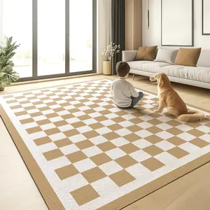 Washable 5x7 Checkered Area Rug for Living Room, Tan Brown Checkerboard Modern Boho Large Rugs, Ultra Thin Low Pile Lightweight Indoor Carpet with Non-Slip Backing for Bedroom   Play Room