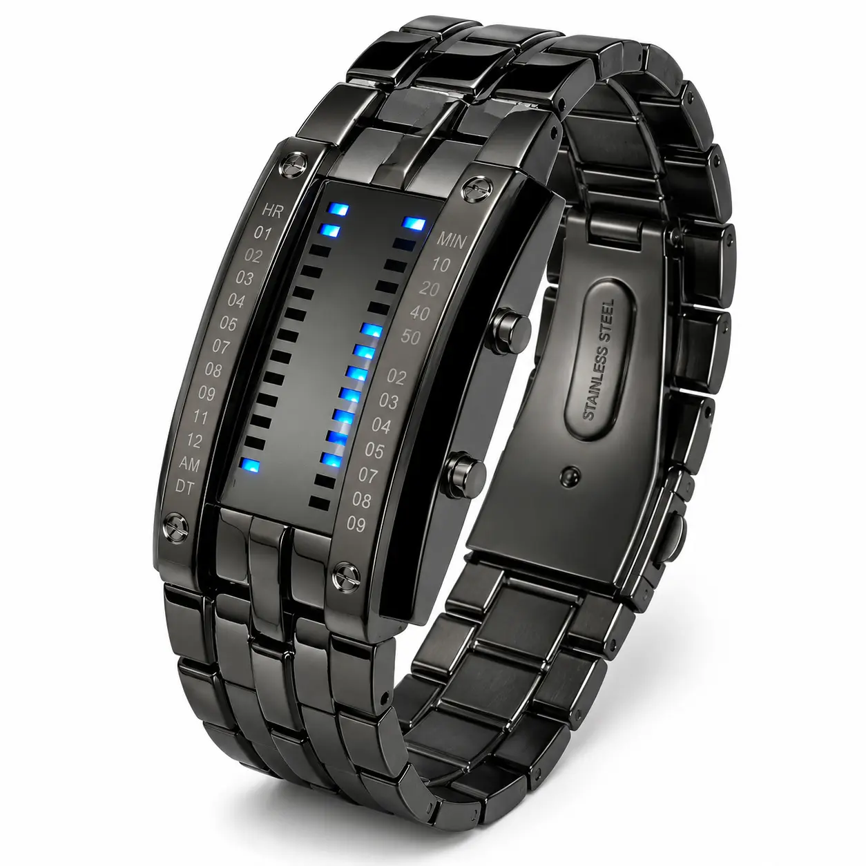 Men's Cool Binary Watch Stainless Steel LED Bracelet Watch Stylish Blue Light Sport Watch Vacuum plated black Quartz Wristwatch Luminous Date Wristwatch