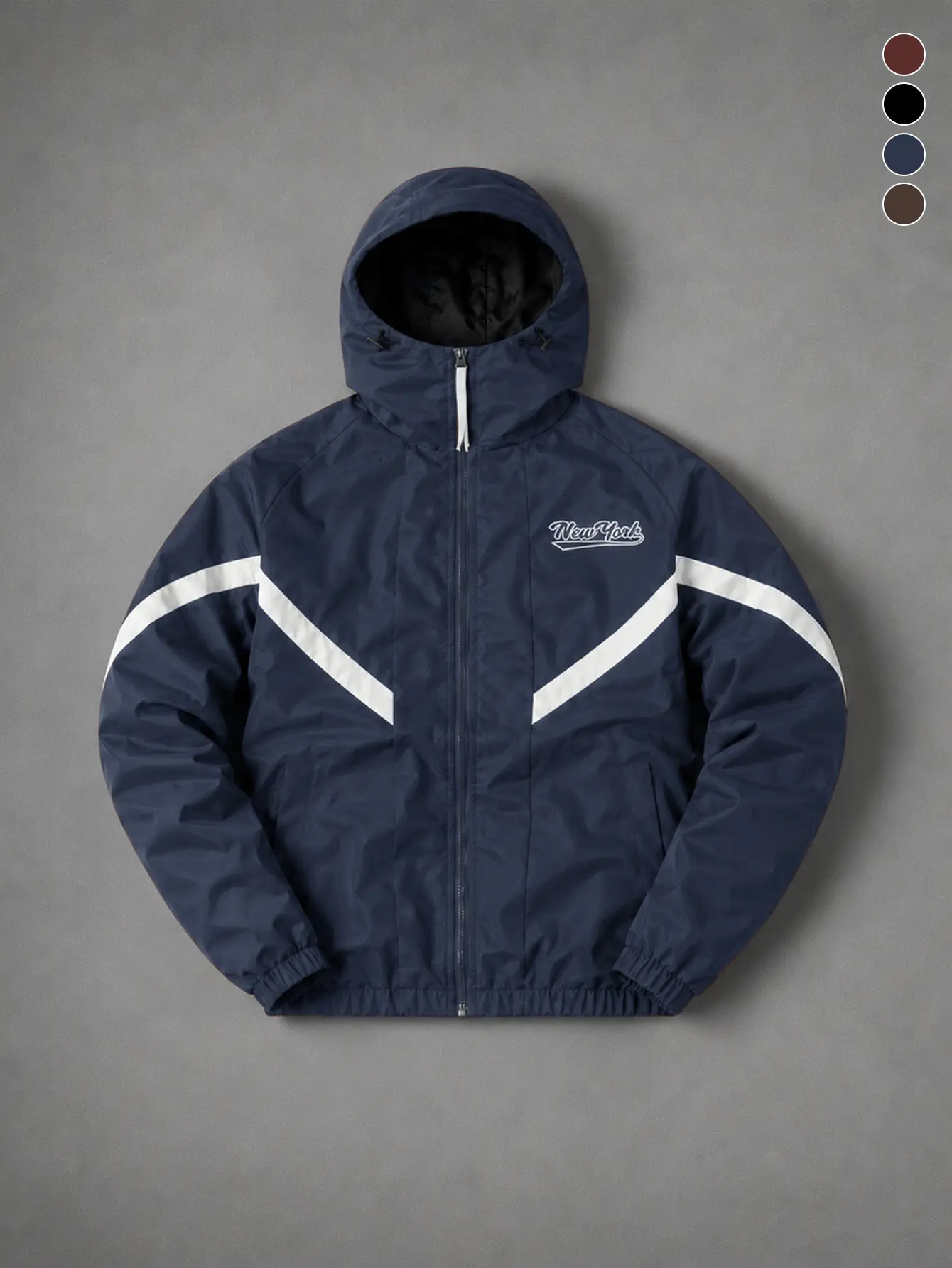 Spring/autumn navy hooded jacket featuring a New York handwritten print paired with V-shaped line detailing, an adjustable drawstring hood, and side flap pockets. Made from tear-resistant woven fabric; suitable for spring city walks, weekend market shoppi