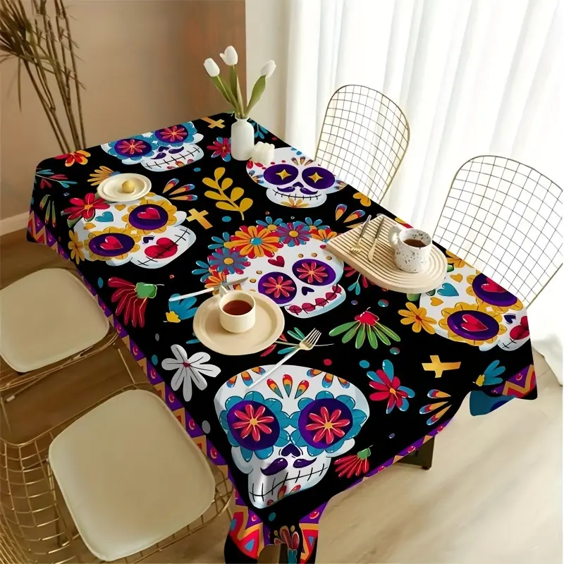 Day of Dead Patterned Rectangle Polyester Tablecloth - Colorful Skull Floral Print, Easy-Clean, Home Supplies, Indoors/Outdoors Party Use; Adult Black Chicken-Themed Chef Apron, Machine Washable