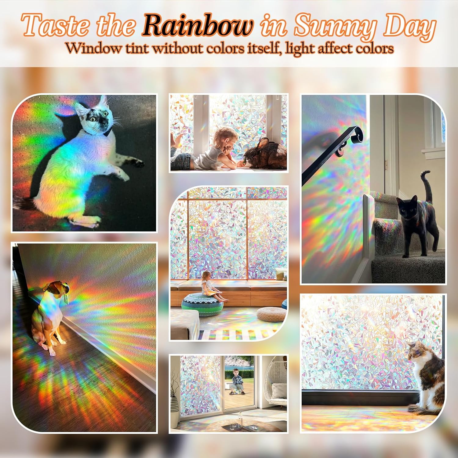 3D Rainbow Window Privacy Film - Aesthetic Suncatcher Static Cling, Decorative Stained Glass Sticker for Home DIY (17.5" x 78.7")
