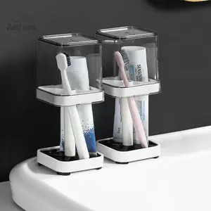 Toothbrush Holder with Cup & Lid, Bathroom Storage Organizer for Electric Toothbrush and Toothpaste, Multifunctional Countertop Storage Rack
