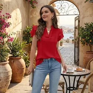 Women's Elegant Ruffle Short Sleeve V-Neck Blouse - Dressy Casual Business Work Tops Lightweight Breathable Fabric Perfect for Office Professional Wear Daily Shopping Comfortable Fashion Style Ladies Clothing