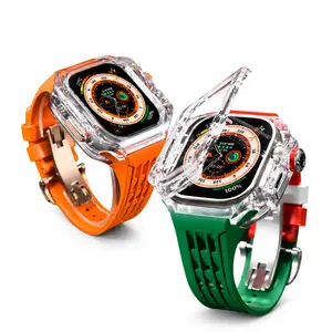 Fluoroelastomer Band with Butterfly Clasp & Transparent Shockproof Shell, Glacier Style Wearable Protection Accessories for Apple Watch Ultra 1/2 49mm iWatch Ultra