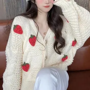 Strawberry Cardigan Sweater Chunky Knit Button Front Cute Strawberry Soft Sweet Sweaters Jacket Teen-girl Women Fairycore Outfit