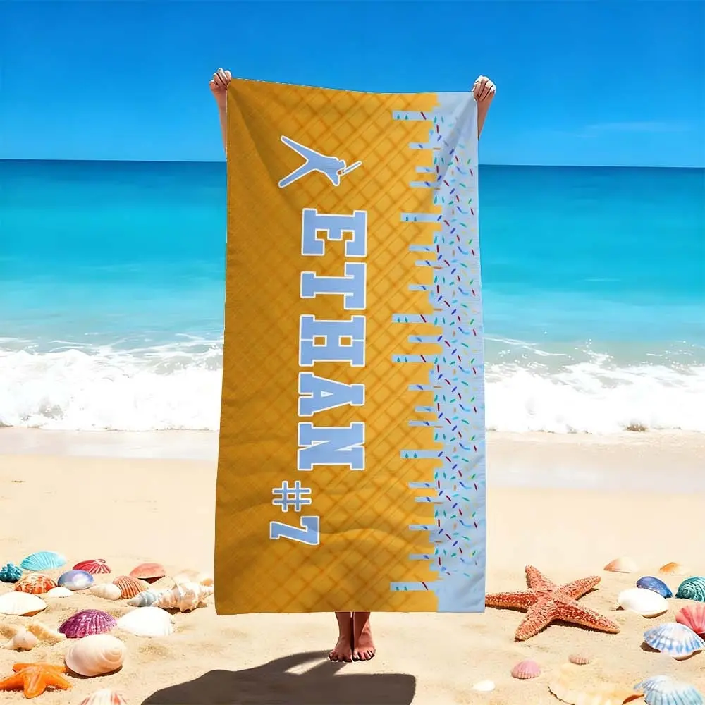 1 PC Golden Checkered Beach Towel, Lightweight Soft Towel with Ice Cream Pattern and Personalized Text - Beach Days and Poolside Lounging Quick-drying, water-absorbent, lightweight, anti-sand-sticking, can be used as a travel towel Quick Drying Towels