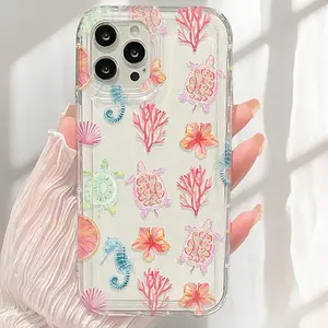 Sea Life Pattern Clear Phone Case, Cute Turtle Pattern Phone Case, Decorative Phone Protector Cover Accessories Compatible with iPhone 11 12 13 14 15 16 Pro Max/Pro/Plus