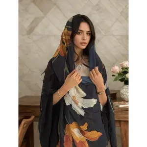 Women's Elegant Modest Islamic Two-Piece Set with Scarf, Open-Print Long Robe, Loose-Fit Woven Fabric, All Seasons Fashionable Clothing, Abaya Hijab Set