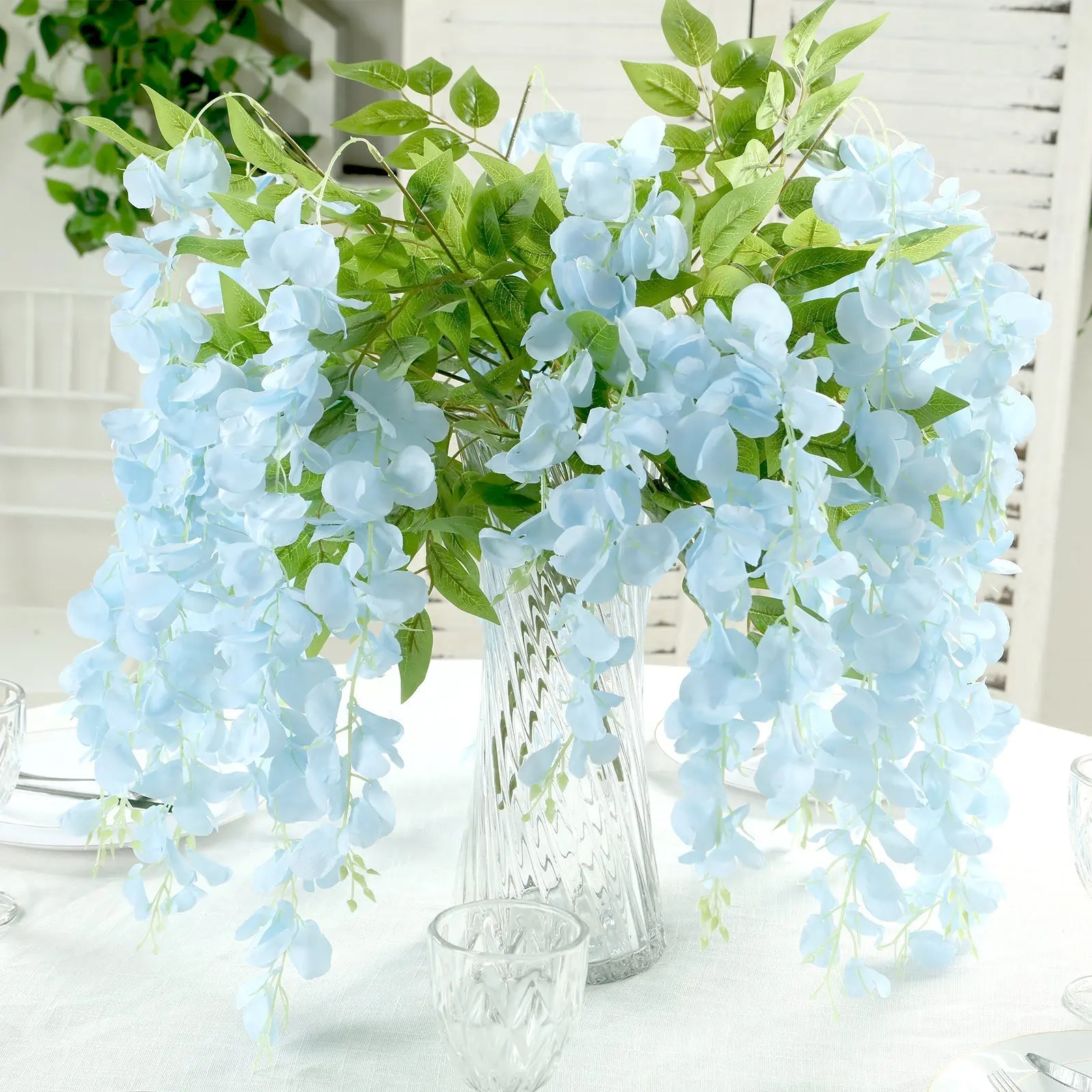 Decorative Silk Fabric Wisteria Bloom Hanging Vine Garland Set (5-Pack, Light Blue) - 3 Strands per Bush, 44 Inches Fake Floral Decor for Home, Wedding Party