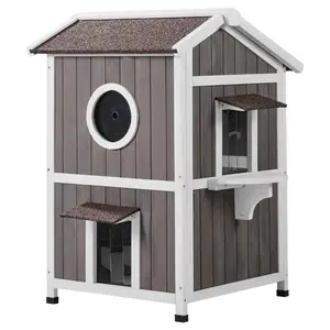 VEVOR Outdoor Cat House Weatherproof, Feral Cat Shelter for Multiple Cats, 2-story Large Outdoor Wooden Cat House with Doors, PVC Door Flaps, A Clear Window, 23"L x 26"W x 36"H
