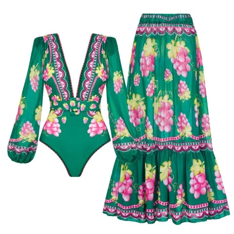 FLAXMAKER Women's Long Sleeved Plunge Green Print One-Piece Swimsuit and Matching Cover Skirt Sets Floral Pattern Bathing Suits Beach Outdoor Wear Stylish Beachwear #Summervibes# outdoorfun #SwimWeek