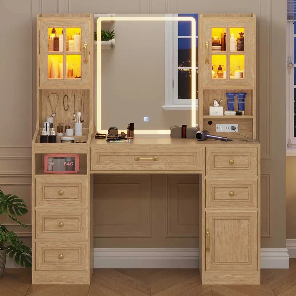 [SummerSale] Sikaic LED Makeup Vanity with Mirror Charging Station Modern Makeup Vanity with 6 Drawers, 2 Glass Door Cabinets, 1 Side Cabinet and Open Storage Shelves, Home Furniture, Dorm Essentials