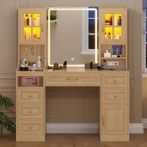 Sikaic LED Makeup Vanity with Mirror Charging Station Modern Makeup Vanity with 6 Drawers, 2 Glass Door Cabinets, 1 Side Cabinet and Open Storage Shelves