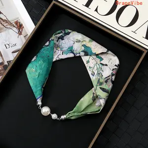 Women Pearl Rhinestone Magnetic Buckle Silk Scarf Necklace Vintage Versatile Thin Self Absorbing Buckle Neck Accessory