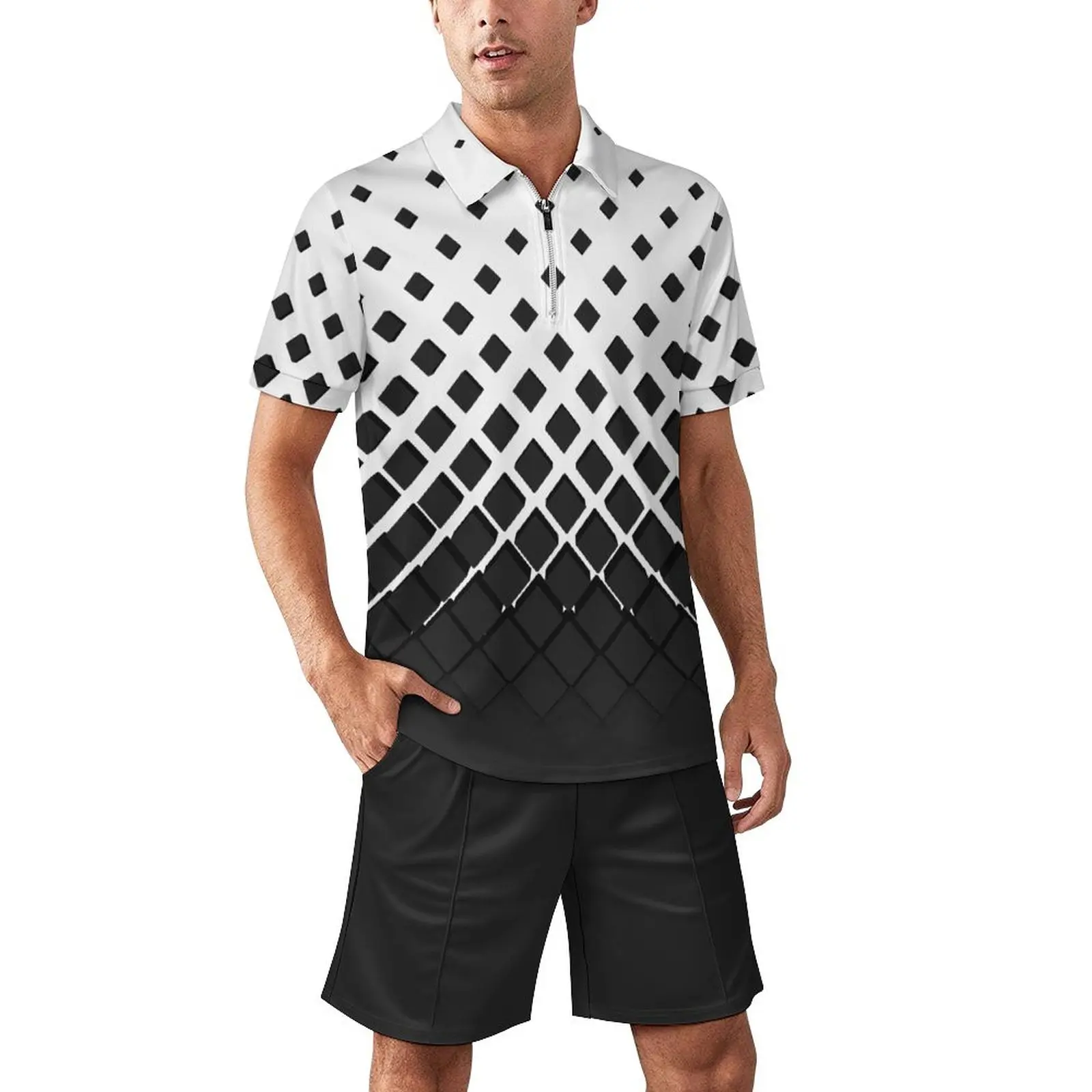 BJORLIE Men's Zip-Up Polo Shirt & Shorts Set with Pockets - Black White 3D Diamond Ombre Gradient - S-5X - Pique Fabric Moisture-Wicking Classic Collared Neck