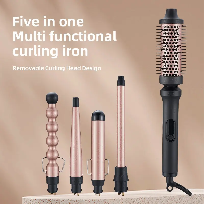 1 Set 5-in-1 Interchangeable Curling Iron Kit Hair Styling Tools Salon Styling Style Swap-Barrel Straightener, Waver & Curler with Volumizing Brush Ideal for Daily Styling, Work, Dates & Home Use
