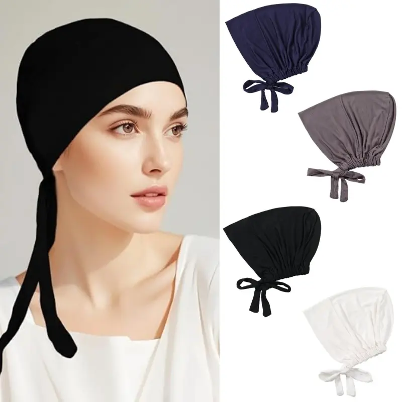  4pcs Women Adjustable Tie‑Up Hijab Undercap, Stretch Soft Breathable Solid Inner Turban, Comfortable Non‑Slip Head Wrap Cap for Muslim Daily Wear, Sleeping, Chemo Hair Loss Headwear