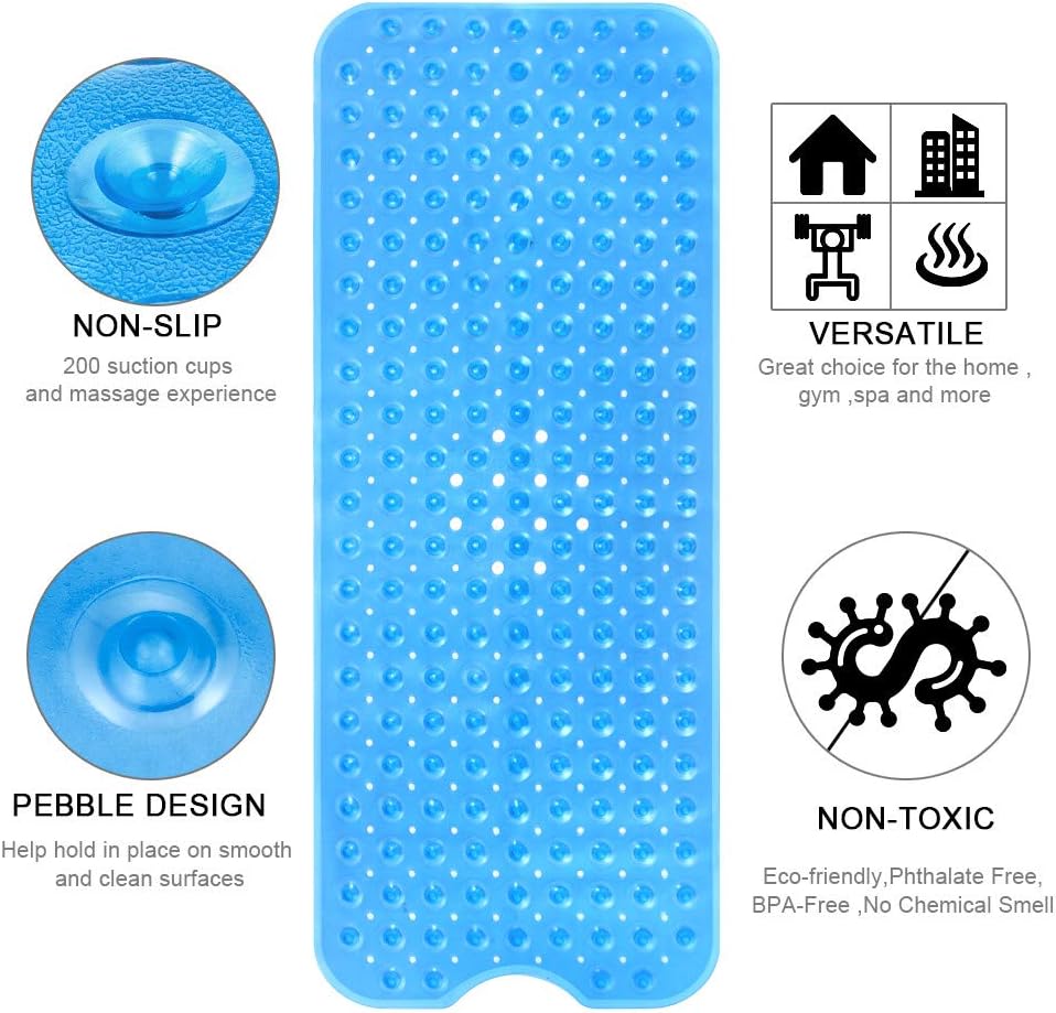 Bathtub Floor Mat 40x16 Inch,Non Slip Mat With Strong Suction Cups,Extra Large Machine Washable Shower Rug,Drain Holes Keep Tub Clean,Waterproof Mold Resistant Rubber PVC Mat,Blue Black Transparent Light Gray,Holiday Gift For Adults Elderly Kids Family
