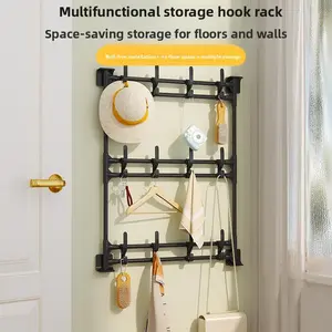 Multi-Row Adhesive Hooks, 2-Row 3-Row Wall Hanger, No Drill Self-Adhesive Hook Rack, Multipurpose Organizer for Kitchen Bathroom Bedroom