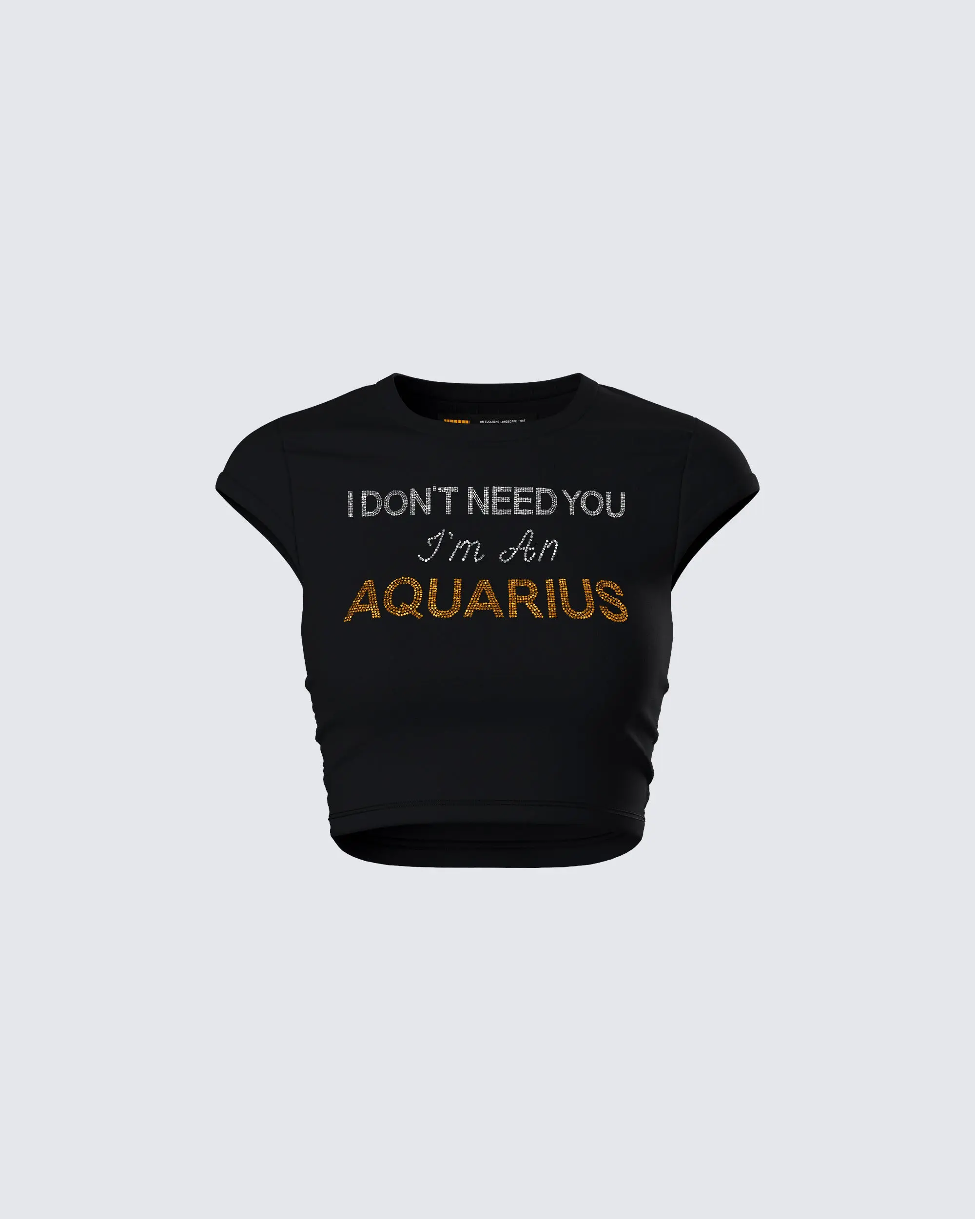 Women's Aquarius Sparkly Cropped Cotton-Polyester T-Shirt - Black, Cap Sleeves, Round Neck, Fitted, Graphic, Ruched, Silver Rhinestone Text, Casual Top, Girls