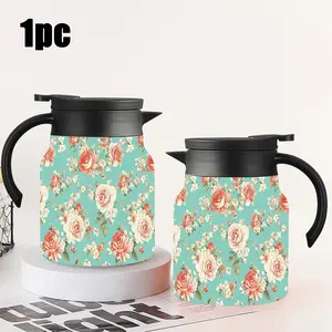 Floral Design Stainless Steel Insulated Kettle & Coffee Pot, 34 Oz Capacity, Portable, Ideal for Hot Cold Beverages, Perfect for Home Use