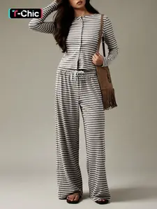 Women's Striped Fitted Comfortable Colorblock Top Set, Co Ord Set, Long Sleeve, Wide Leg Drawstring Pants, Casual Everyday Fashion for Spring & Fall Seasons