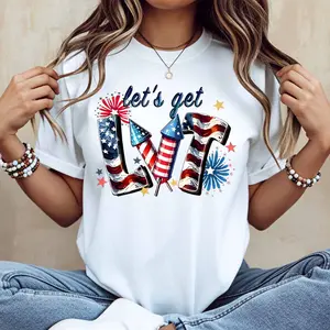 American Flag Fireworks Let's Get Lit T-Shirt Women Casual Short Sleeve Top Independence Day Celebration Graphic Tee