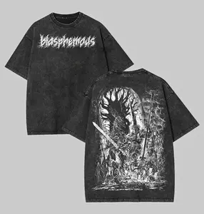 Men's Short-Sleeve Round Neck Heavy Cotton Blasphemous Video Game Tshirt - Streetwear, Casual Festive Whimsical Art Figure Design, Distressed Finish, Vintage Vibe, Multi-Size Menswear Top