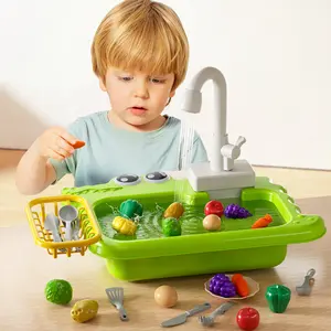 Electric running water circulation play house cleaning set, simulated ingredients, and a full of kitchen accessories, fun role-playing dishwashing toy, summer interactive water play item, an ideal gift choice for boys and girls' birthdays and holidays