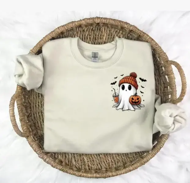 Ghost Pumpkin Sweatshirt, Cute Halloween Graphic Crewneck, Spooky Coffee Ghost Pullover, Cozy Halloween Gift