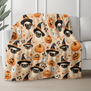 1pc Halloween Pug Dog Print Ultra-Soft Flannel Blanket - 280GSM Heavyweight Cozy Throw with Witch Hat Pugs, Jack-O'-Lanterns & Bats, Machine Washable Polyester for Bed, Sofa, Travel - All-Season Pet-Friendly Halloween Decor in Ora