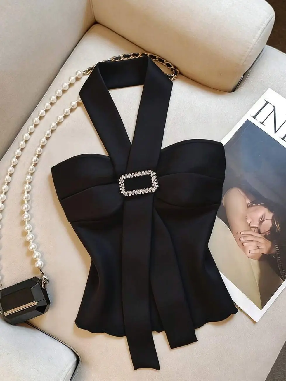 Women's Elegant Black Halter Top, Sleeveless Rhinestone Buckle Detail, Slim Fit Summer Party Blouse