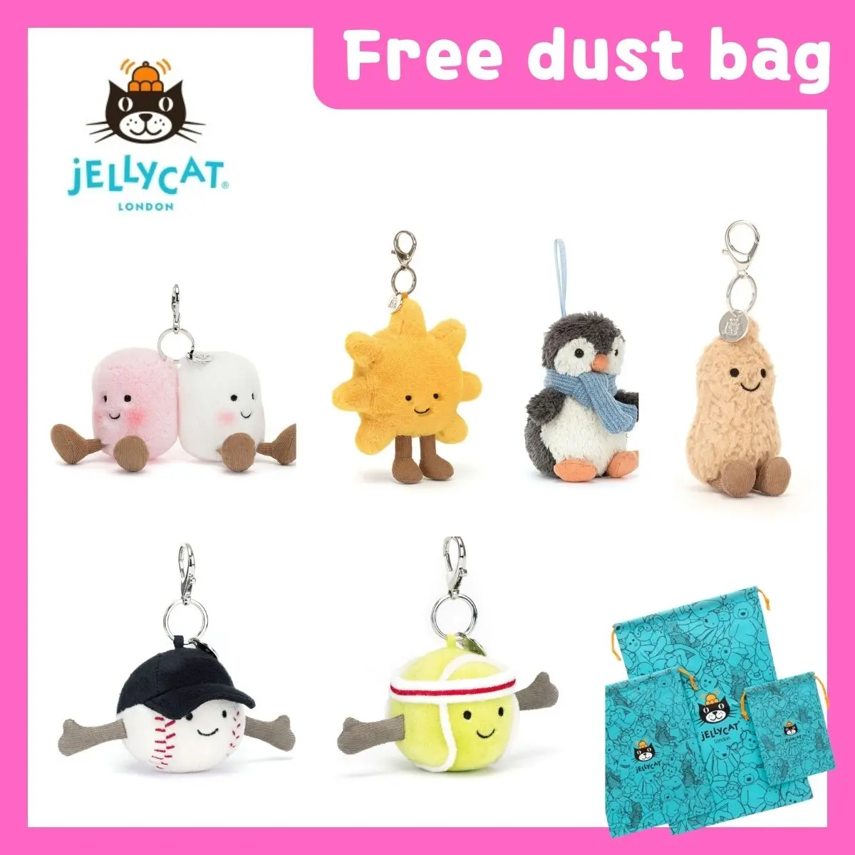 Aesthetic Jellycat Bag Charm Collection with Dust Bag | Cute Soft Mini Plushie Keychain for Backpack & Tote | Trendy Peanut Sun Sports Keyring