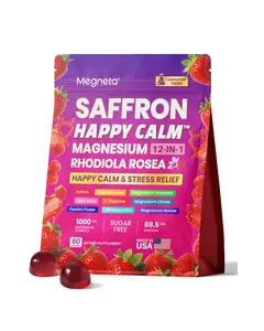 Megneta Happy Calm Gummies-Saffron Mood Munchies with 12-in-1 Magnesium KSM-66 Ashwagandha  GABA L-Theanine Rhodiola Rosea Lion's Mane Supports Cortisol Balance Mood Sleep 60 Gummies No Sugar Non GMO Strawberry Flavor