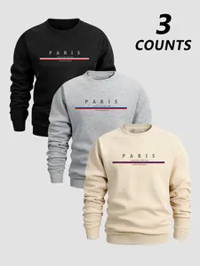 Men's Classic Letter Print Fleece Long Sleeve Pullover Sweatshirt, Unisex Casual Round Neck Fitted Top, 3 Pack, Fall & Winter Fashion, Comfortable and Versatile, Apparel