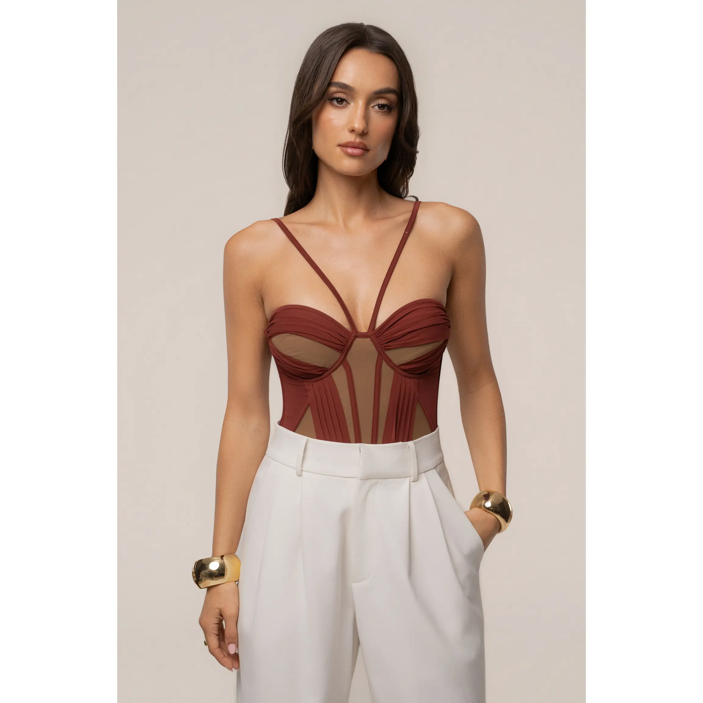Maroon Illusion Contrast Bodysuit