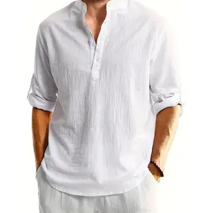 Men'S Linen Henley Shirt, Casual Stand Collar, Solid Color, Regular Fit, Split Sleeve, Button Detail, Woven Fabric, 100% Linen, Non-Stretch, Spring/Fall Season, 115g/m² - Beige