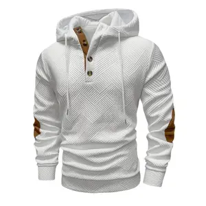 Color Block Elbow Patch Hoodie Men's Workwear Style Texture Henley Neck Sweatshirt