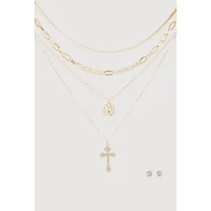 Cubic Zirconia Rosary Layered Chain Necklace and Stud Earrings