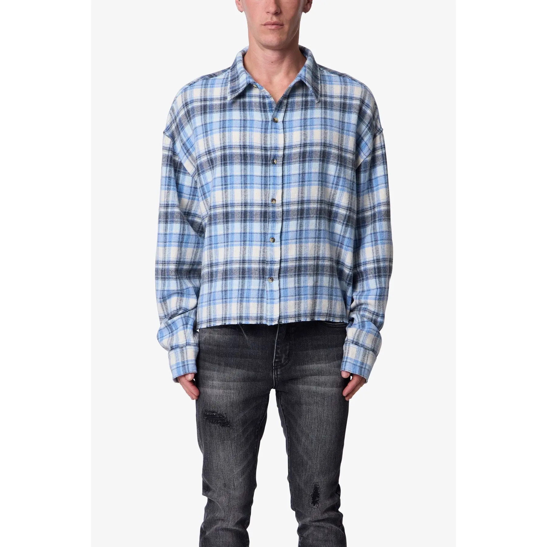 Washed Cropped Flannel Shirt - Blue