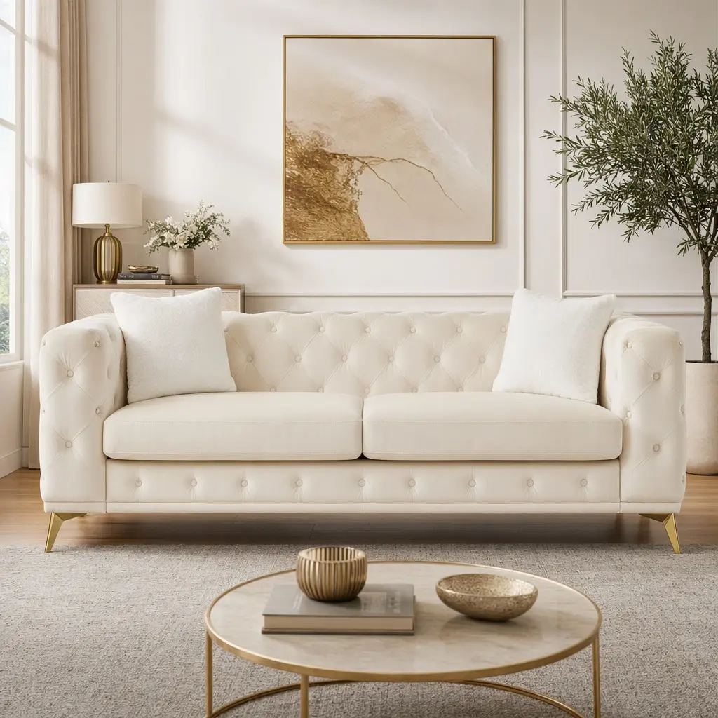 82.5 Inch Chesterfield Velvet Sofa 3 Seat Couch with Tufted Back and 2 Throw Pillows, Beige Living Room Furniture with Wood Frame and Metal Legs, Deep Seat Cushions for Primary Living Space, Beige Color Options, Velvet Material