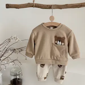 Two-piece Spring/Autumn Outfit Cartoon Brown Bear Sweatshirt + Light Apricot Joggers Unisex Baby Set for Cozy Days
