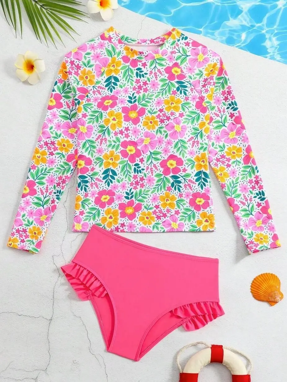 Tween Girls Floral Bikini Set with Long Sleeve Knit Top - Fashionable Beach Vacation Swimwear