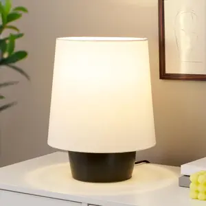 Brightech Dan LED Desk and Table Lamp - Modern Mushroom Style Ceramic Lamp for Bedroom, Bedside, Desk, Office - Cozy Corner Nightstand Light with Small Lamp Shade - Black