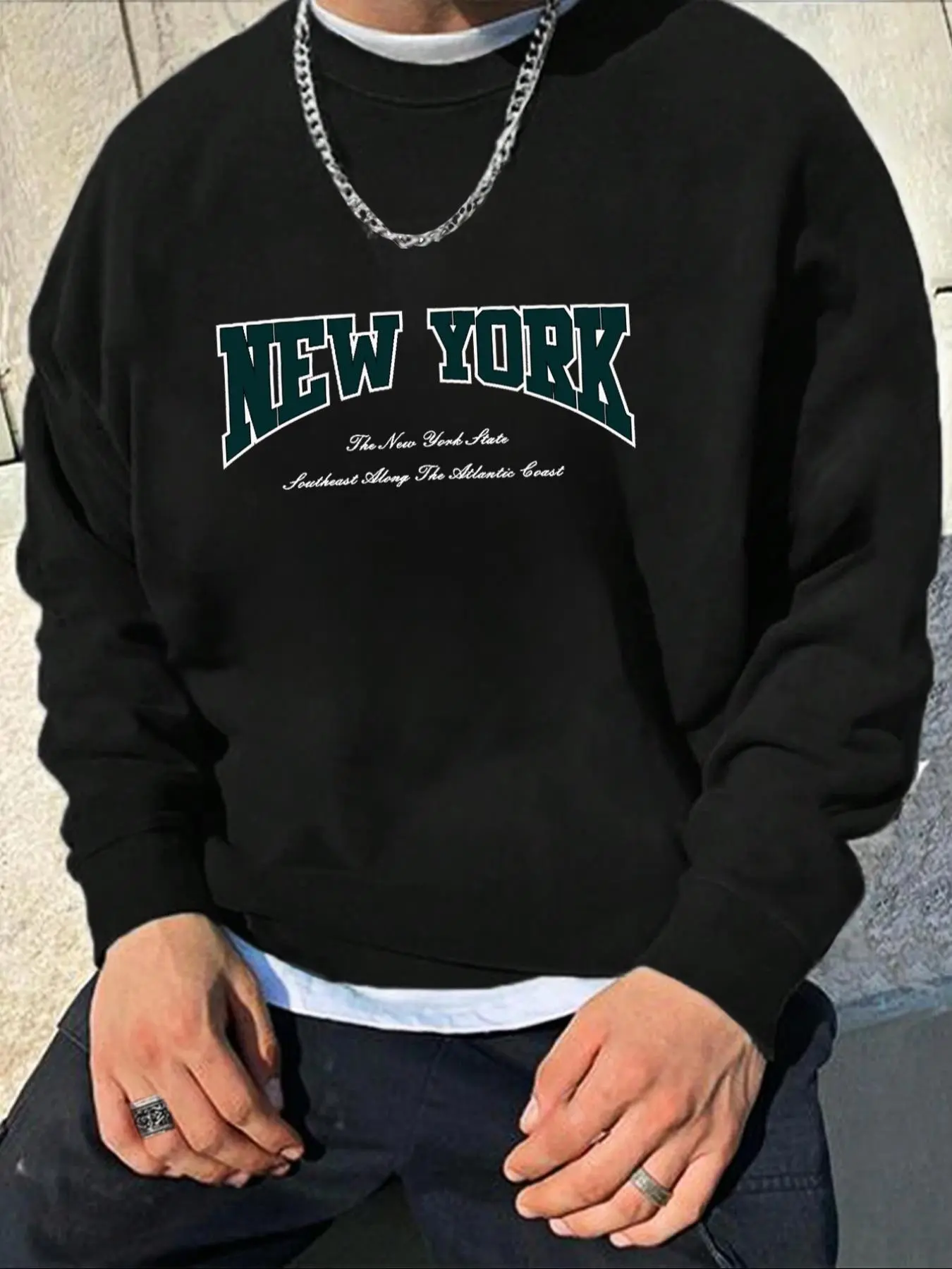 Men's New York Letter Print Drop Shoulder Sweatshirt, Casual Regular Fit Long Sleeve Round Neck Pullover for Fall & Winter, Men's Clothes for Daily Wear