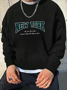 Men's New York Letter Print Drop Shoulder Sweatshirt, Casual Regular Fit Long Sleeve Round Neck Pullover for Fall & Winter, Men's Clothes for Daily Wear