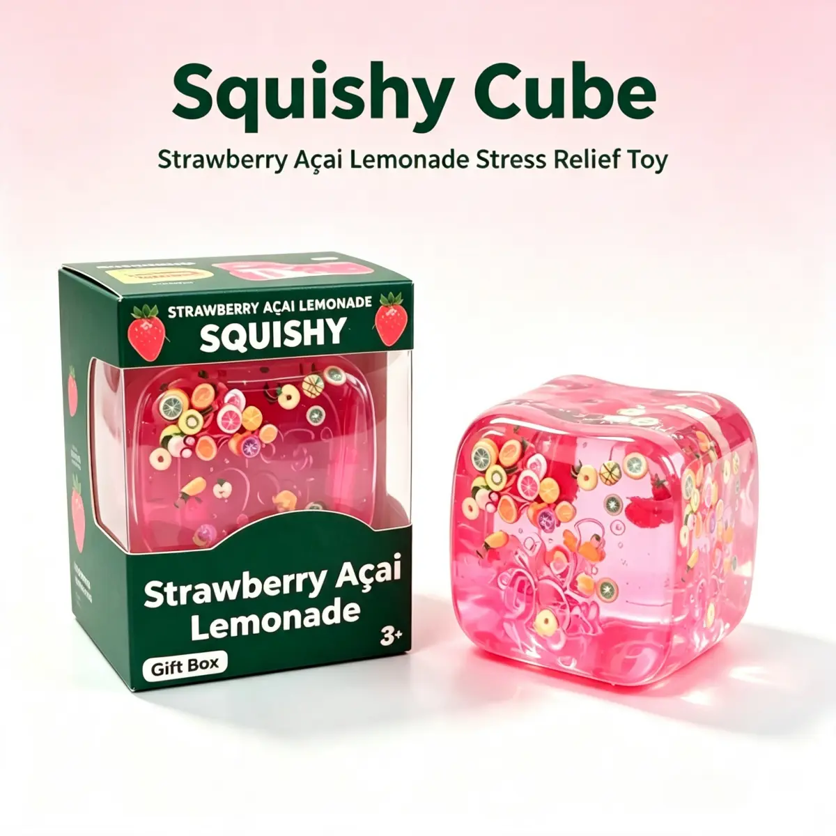 Açaí Lemonade Liquid Cube Squishy Fidget Toy Floating Fruit Jelly Stress Relief Sensory Toy,Office Stress Relief Toys