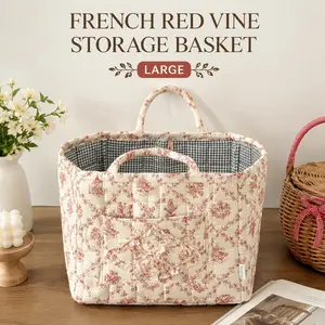 Large French-style storage basket with red vine motif and small floral print, stitched construction, front pocket grid pattern lining, double-thick handles, large capacity fabric organizer—washable and portable; suitable for bedroom dirty laundry, clothin